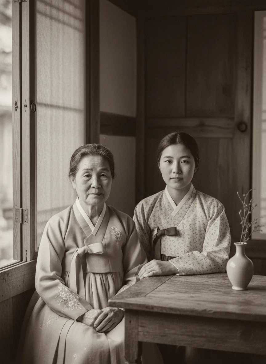 세피아 톤으로 완성한 효도사진 합성 포트레이트 예시 - 한옥 실내에서 한복 입은 노년 여성과 젊은 시절의 같은 인물이 나무 테이블에 함께 앉은 모습
