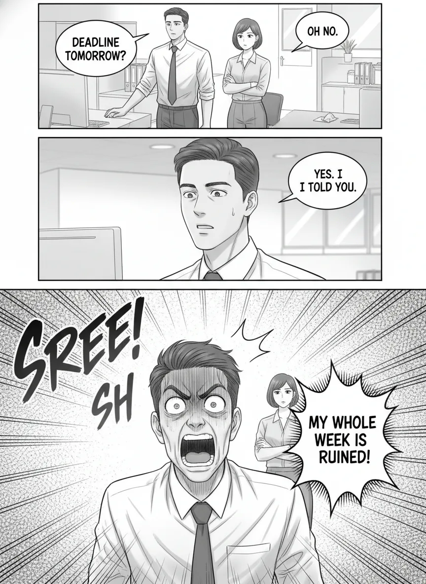 브랜드 스토리 코미디 웹툰 예시 - 사무실에서 마감에 당황하는 직장인의 과장된 표정을 담은 한국 웹툰 모노톤 컷
