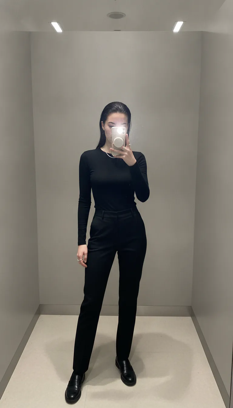미러 셀카 룩북 프롬프트로 만든 시크 모노톤 룩, 올블랙 착장의 미니멀 탈의실 컷