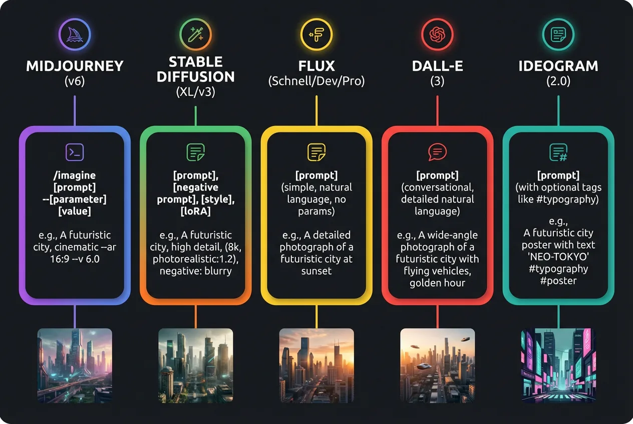 AI 이미지 생성 도구별 프롬프트 문법 비교 인포그래픽